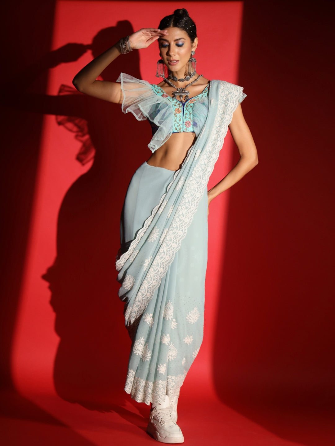 Pastel Resham Thread Embroidered & Crystal Embellished Saree