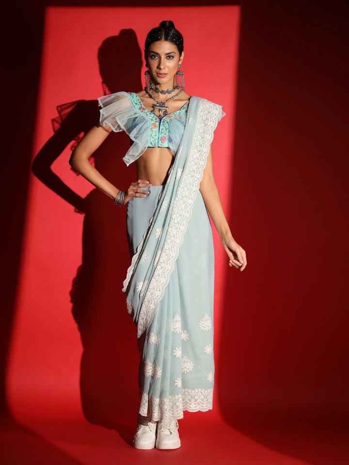 Pastel Resham Thread Embroidered & Crystal Embellished Saree
