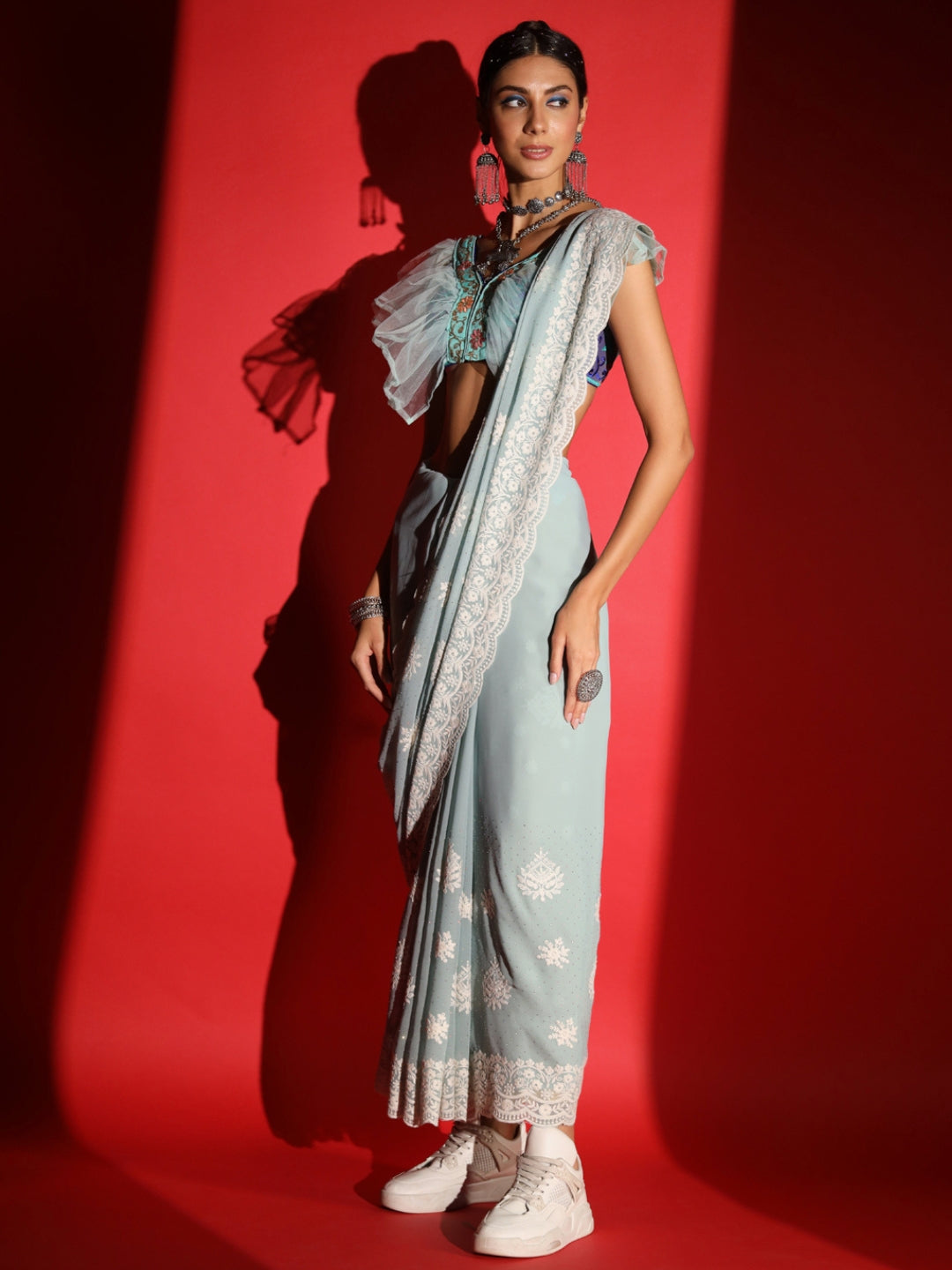 Pastel Resham Thread Embroidered & Crystal Embellished Saree