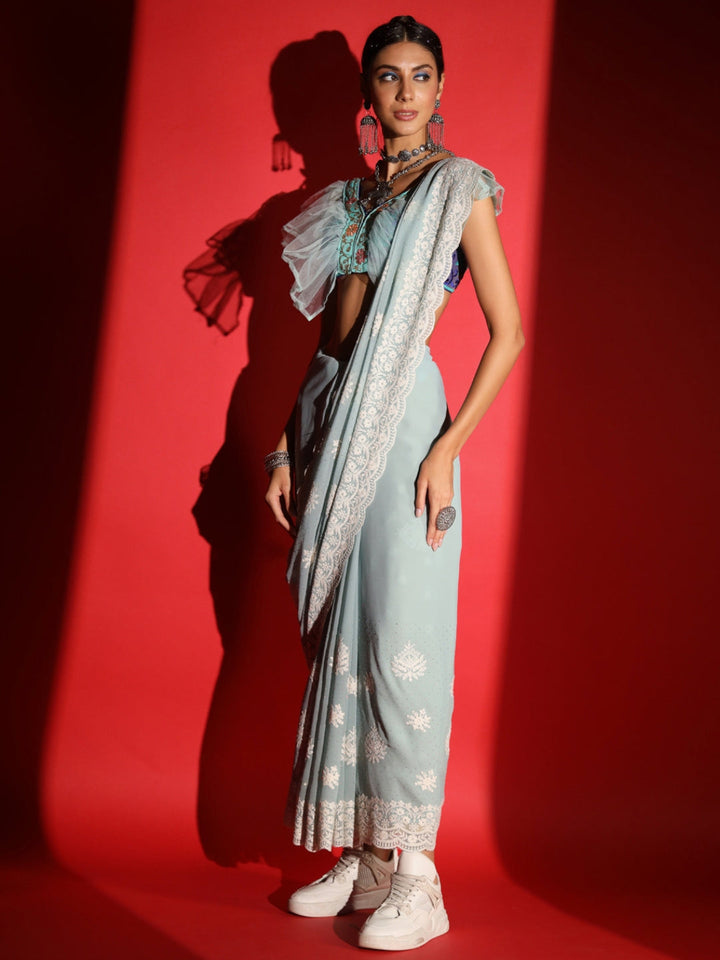 Pastel Resham Thread Embroidered & Crystal Embellished Saree