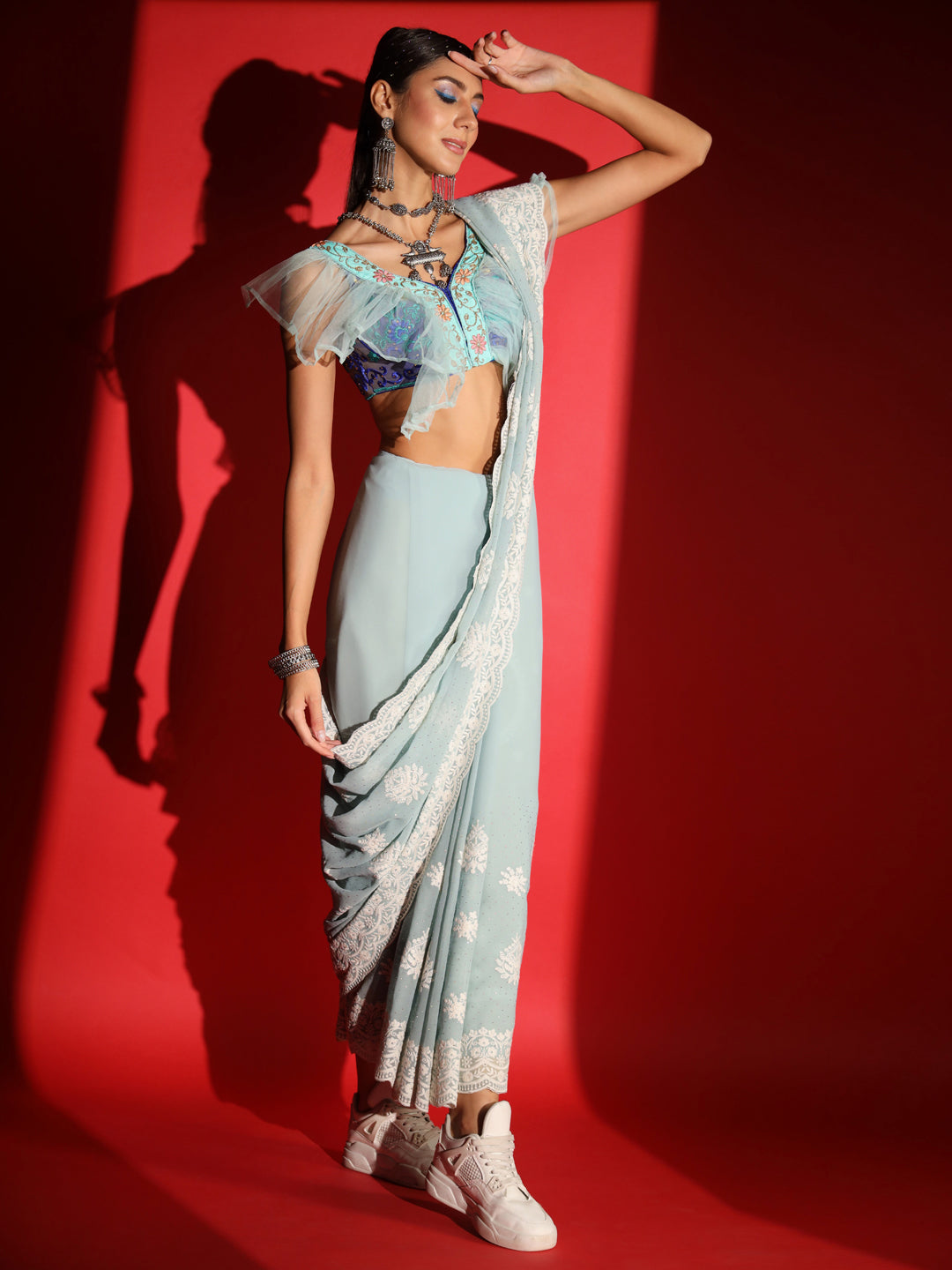 Pastel Resham Thread Embroidered & Crystal Embellished Saree