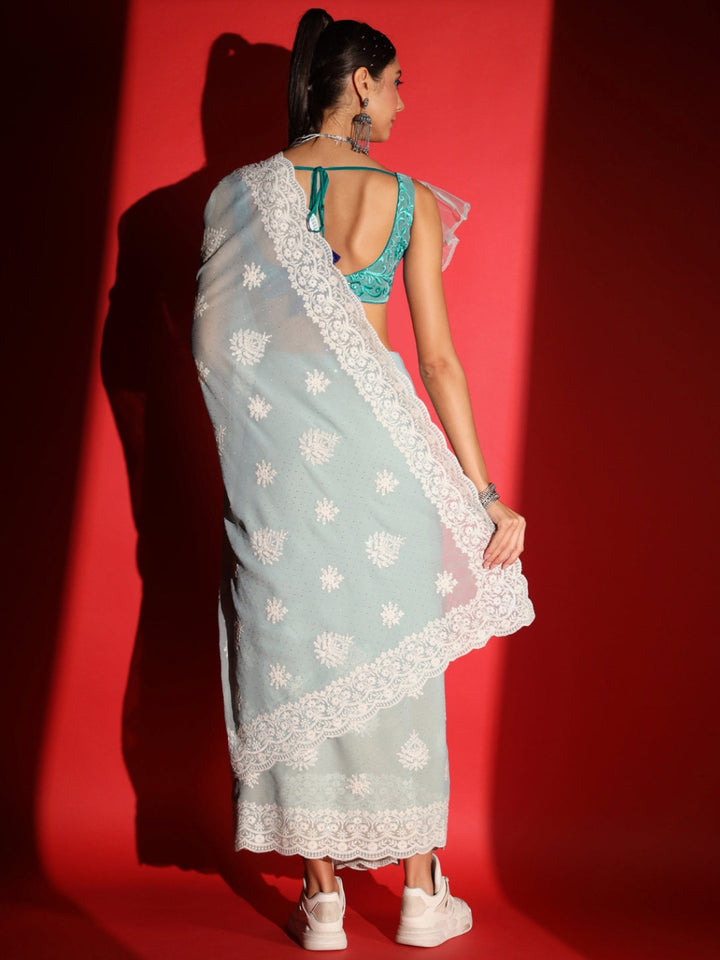 Pastel Resham Thread Embroidered & Crystal Embellished Saree