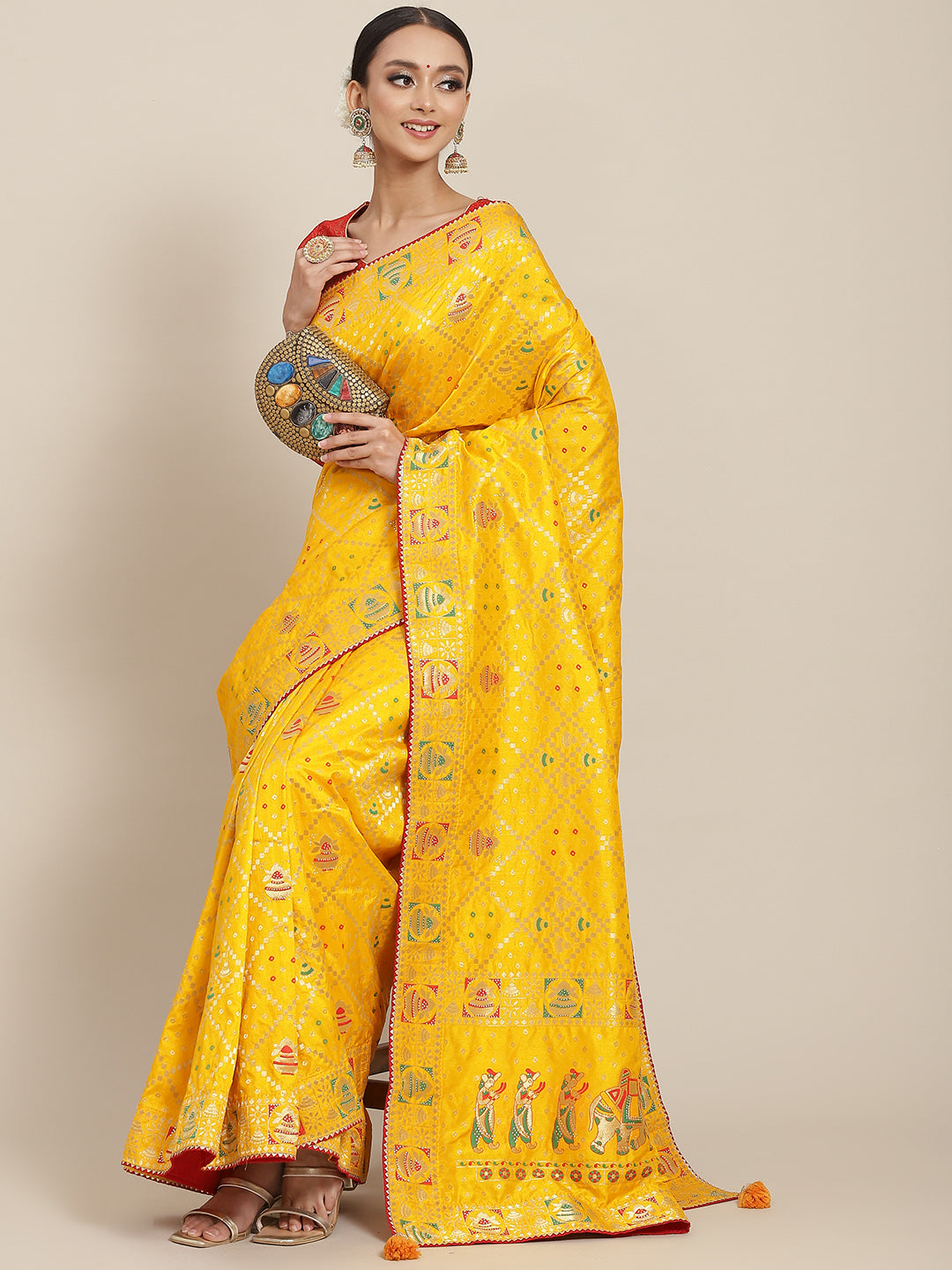 Gharchola Chanderi Silk Saree with Traditional Zari, Beads & Tassels