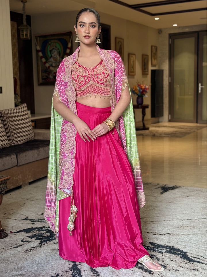 Aari Embroidered Tasseled Crop Top with Draped Skirt & Ombre Bandhej Scalloped Cape