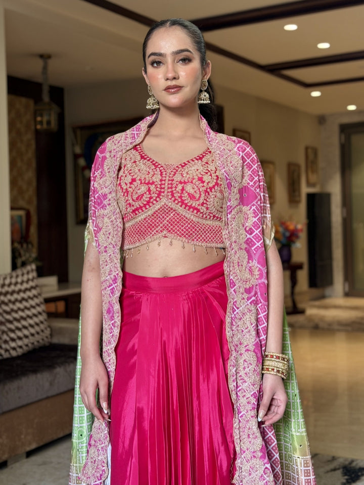 Aari Embroidered Tasseled Crop Top with Draped Skirt & Ombre Bandhej Scalloped Cape