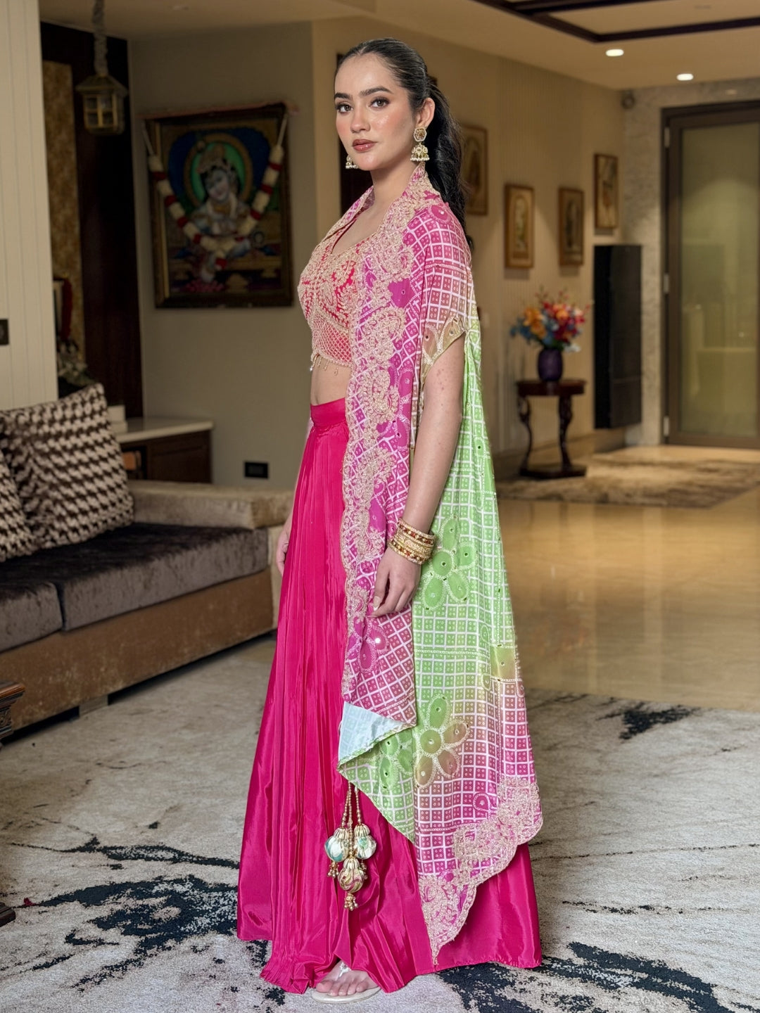 Aari Embroidered Tasseled Crop Top with Draped Skirt & Ombre Bandhej Scalloped Cape