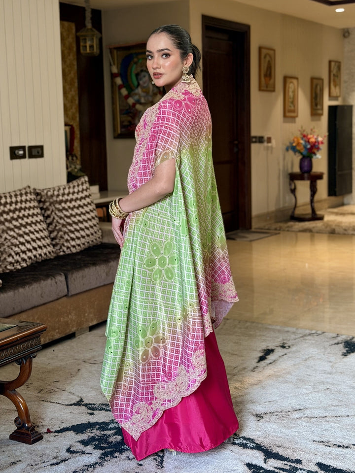 Aari Embroidered Tasseled Crop Top with Draped Skirt & Ombre Bandhej Scalloped Cape