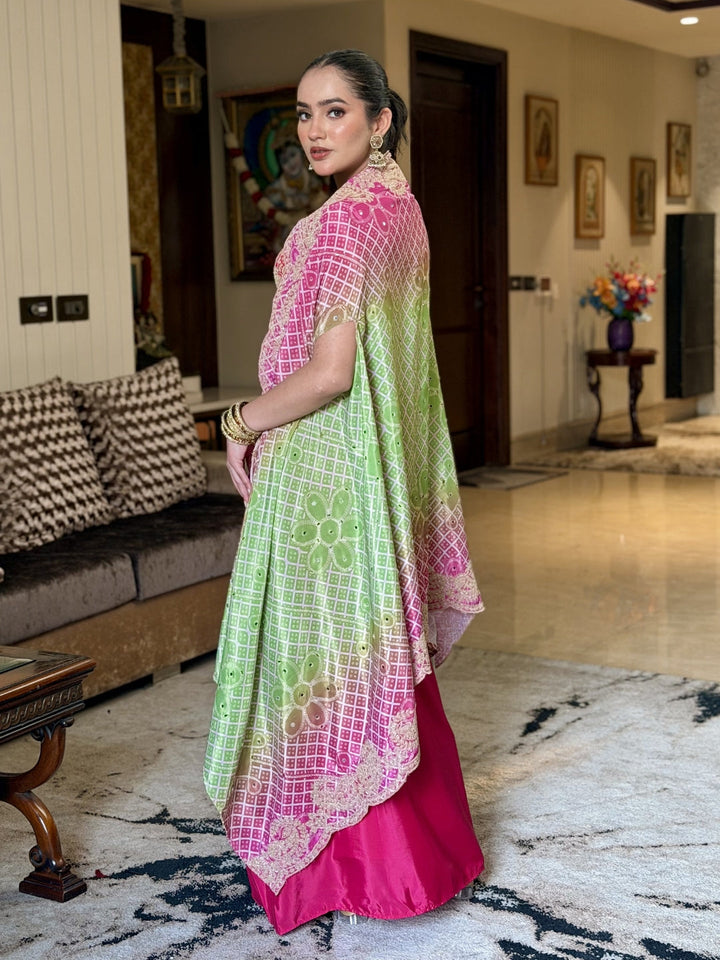 Aari Embroidered Tasseled Crop Top with Draped Skirt & Ombre Bandhej Scalloped Cape