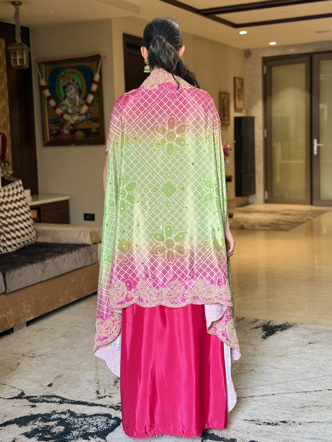 Aari Embroidered Tasseled Crop Top with Draped Skirt & Ombre Bandhej Scalloped Cape