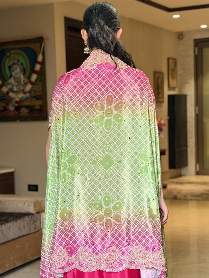 Aari Embroidered Tasseled Crop Top with Draped Skirt & Ombre Bandhej Scalloped Cape