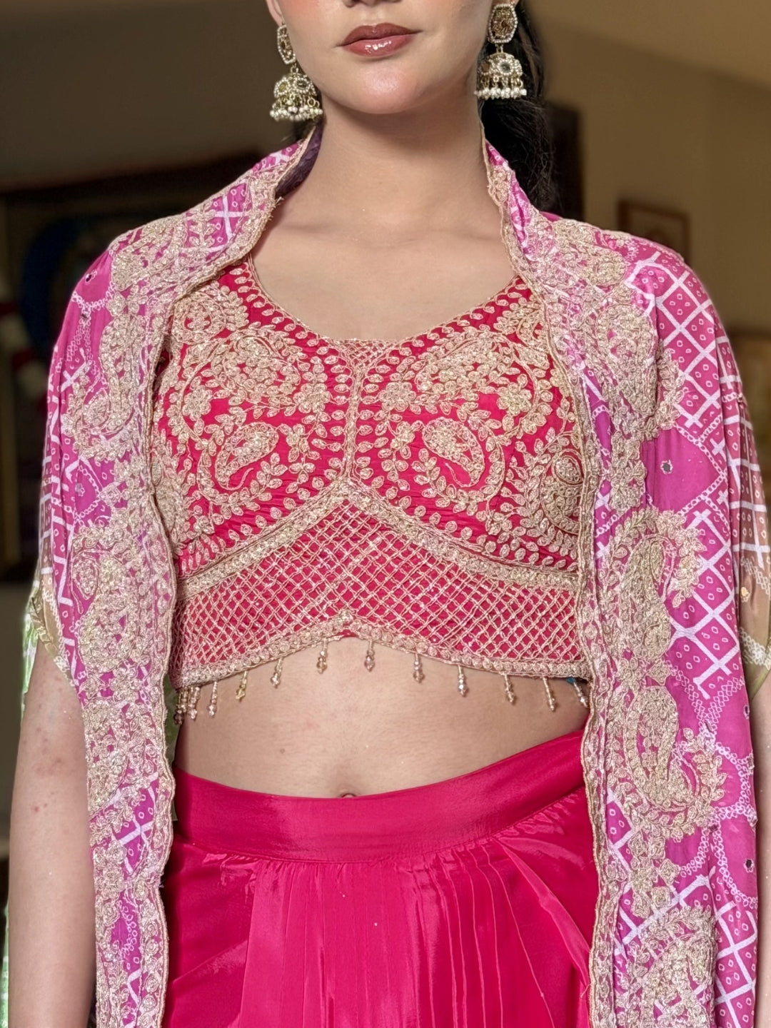 Aari Embroidered Tasseled Crop Top with Draped Skirt & Ombre Bandhej Scalloped Cape