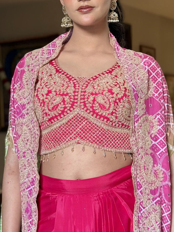 Aari Embroidered Tasseled Crop Top with Draped Skirt & Ombre Bandhej Scalloped Cape