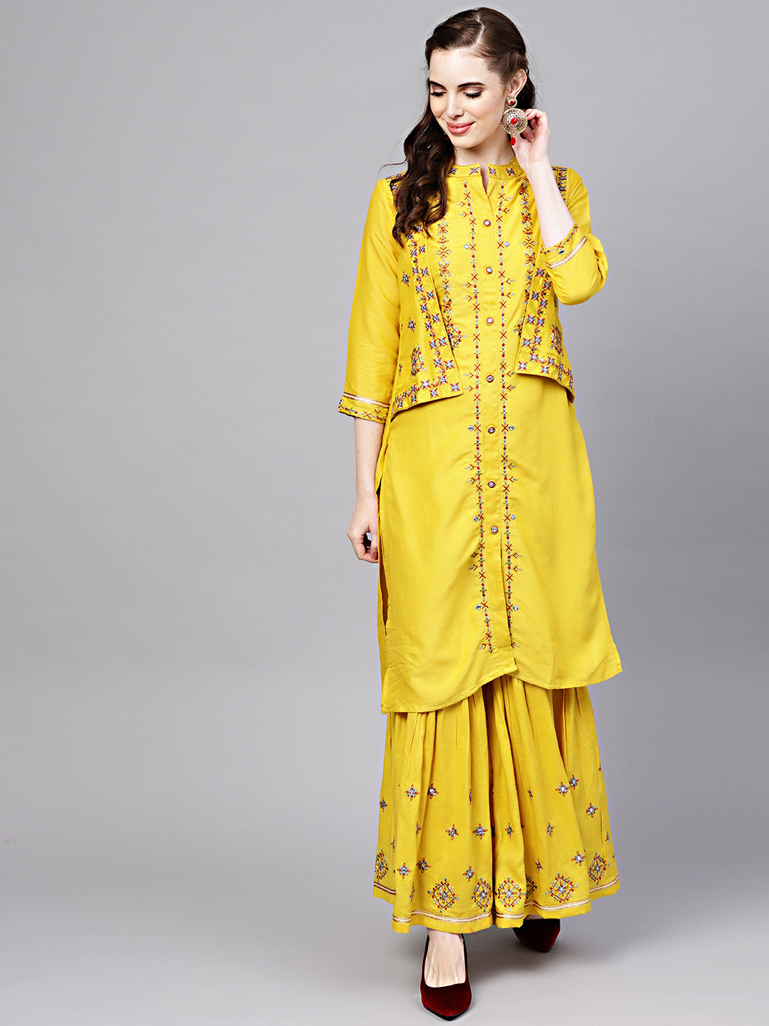 Cotton Kurta Pallazo Set with Attached Short Jacket