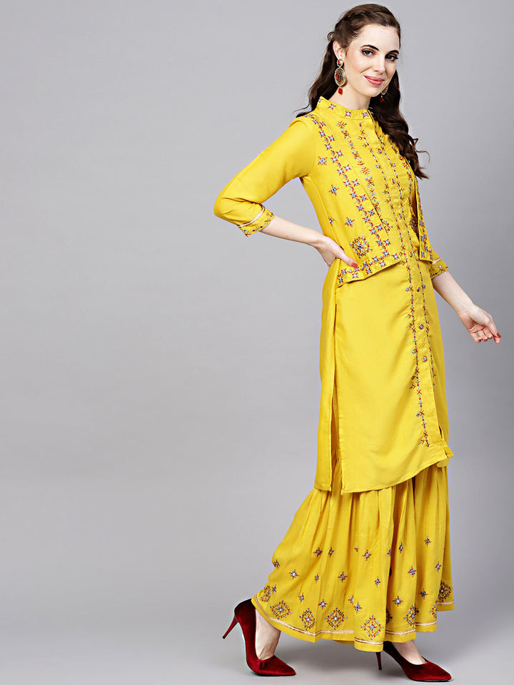 Cotton Kurta Pallazo Set with Attached Short Jacket