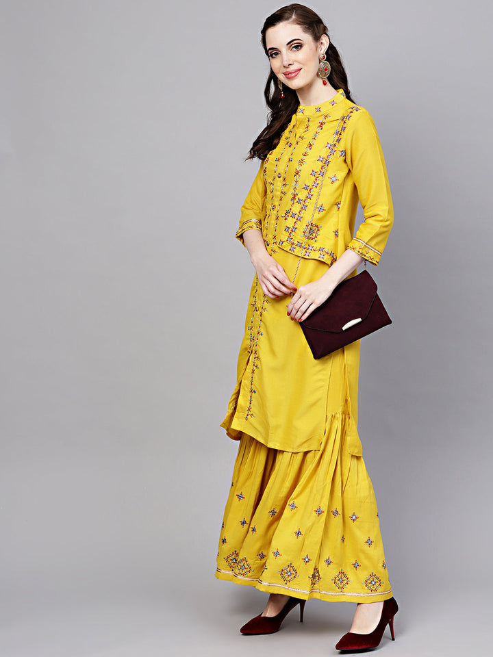 Cotton Kurta Pallazo Set with Attached Short Jacket