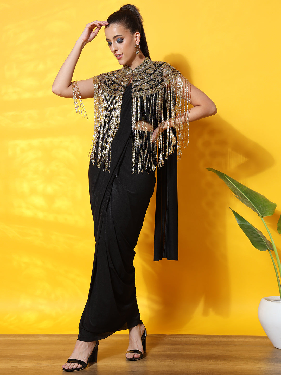 Chhabra 555 Pre-Draped Ready to Wear Saree with Tribal Cut-dana Embellished Necklace with Tassles