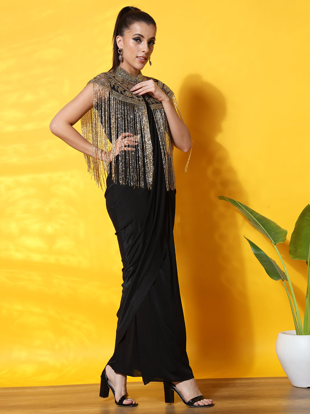 Pre-Draped Ready to Wear Saree with Tribal Cut-dana Embellished Necklace with Tassles