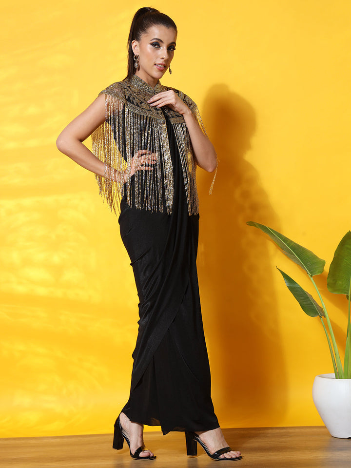 Pre-Draped Ready to Wear Saree with Tribal Cut-dana Embellished Necklace with Tassles