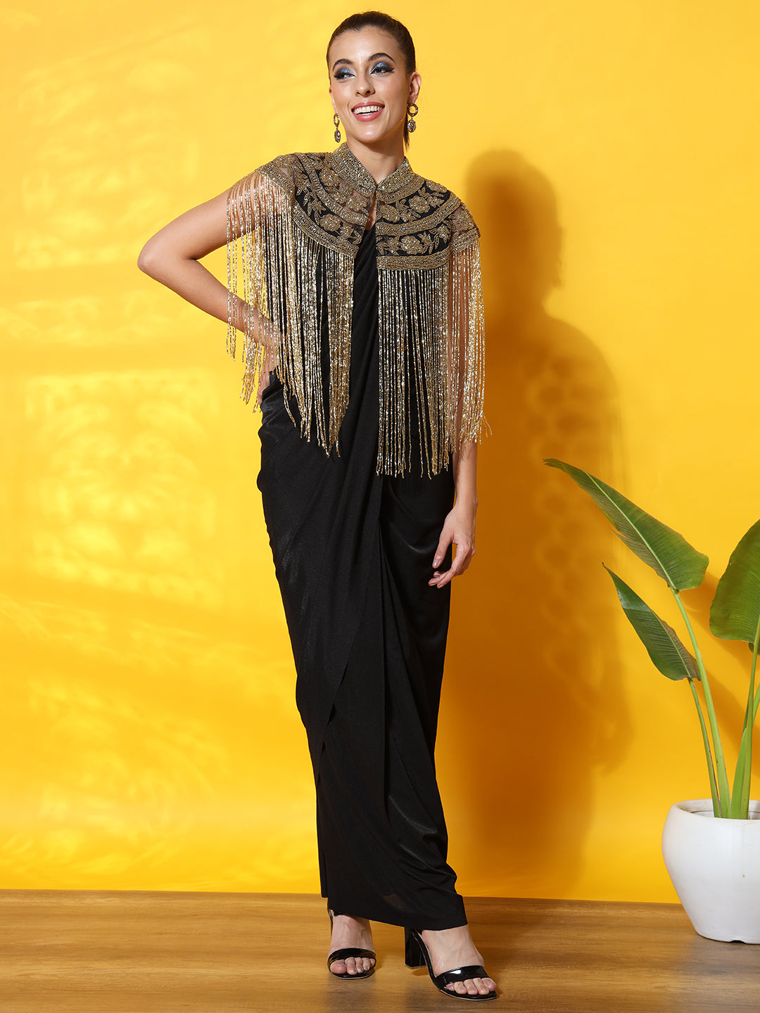 Pre-Draped Ready to Wear Saree with Tribal Cut-dana Embellished Necklace with Tassles