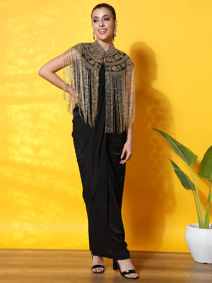 Pre-Draped Ready to Wear Saree with Tribal Cut-dana Embellished Necklace with Tassles