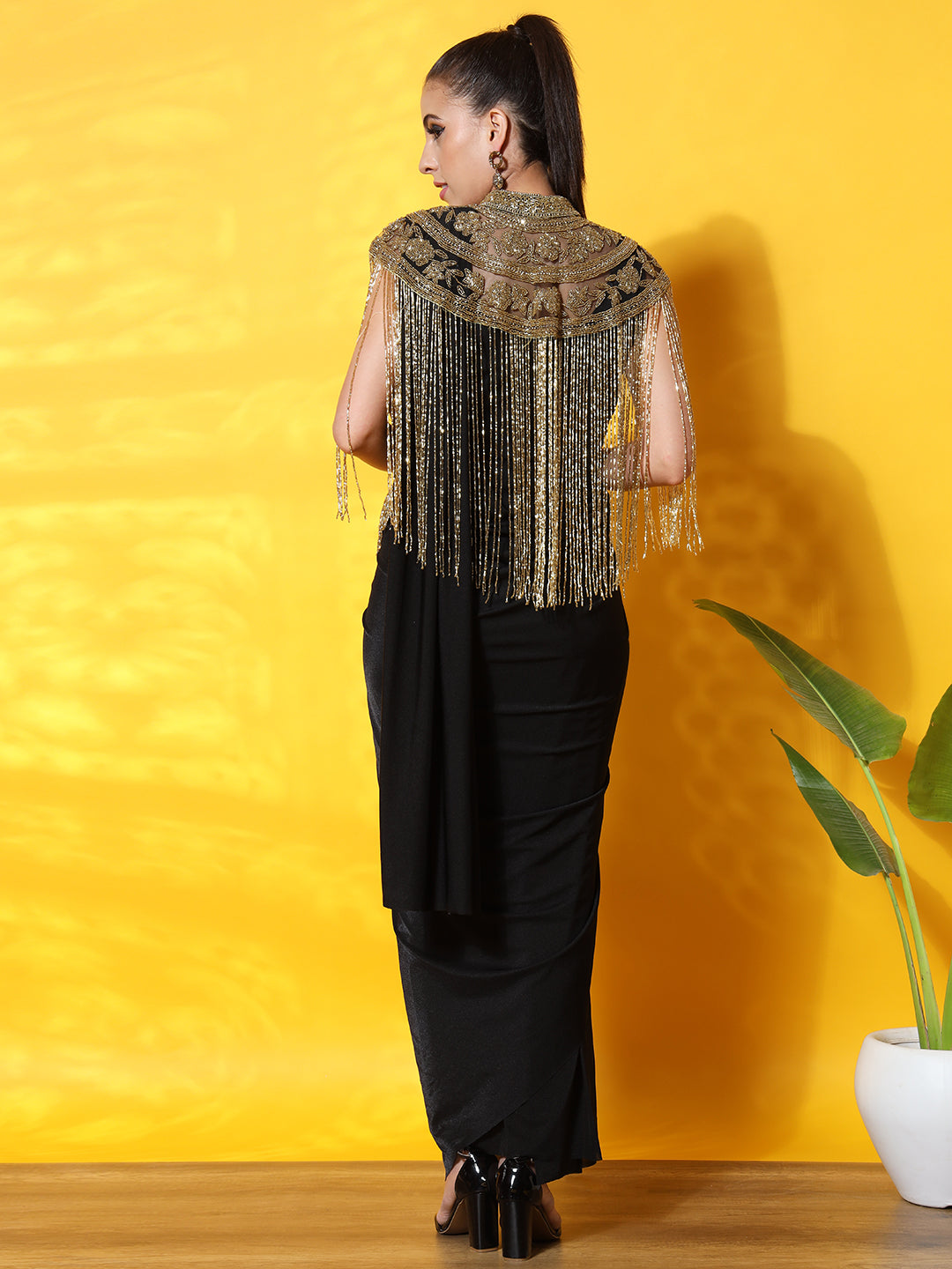 Pre-Draped Ready to Wear Saree with Tribal Cut-dana Embellished Necklace with Tassles