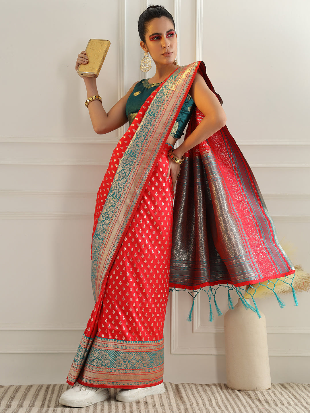 Red Zari Woven Banarasi Saree with Contrast Peacock Motif Border