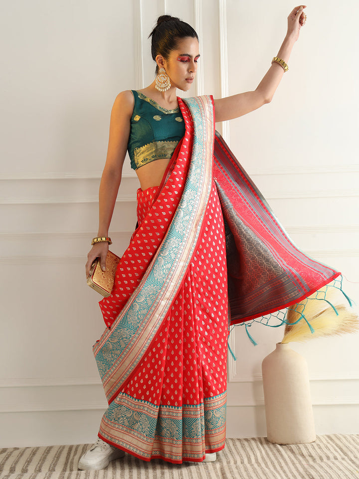 Red Zari Woven Banarasi Saree with Contrast Peacock Motif Border