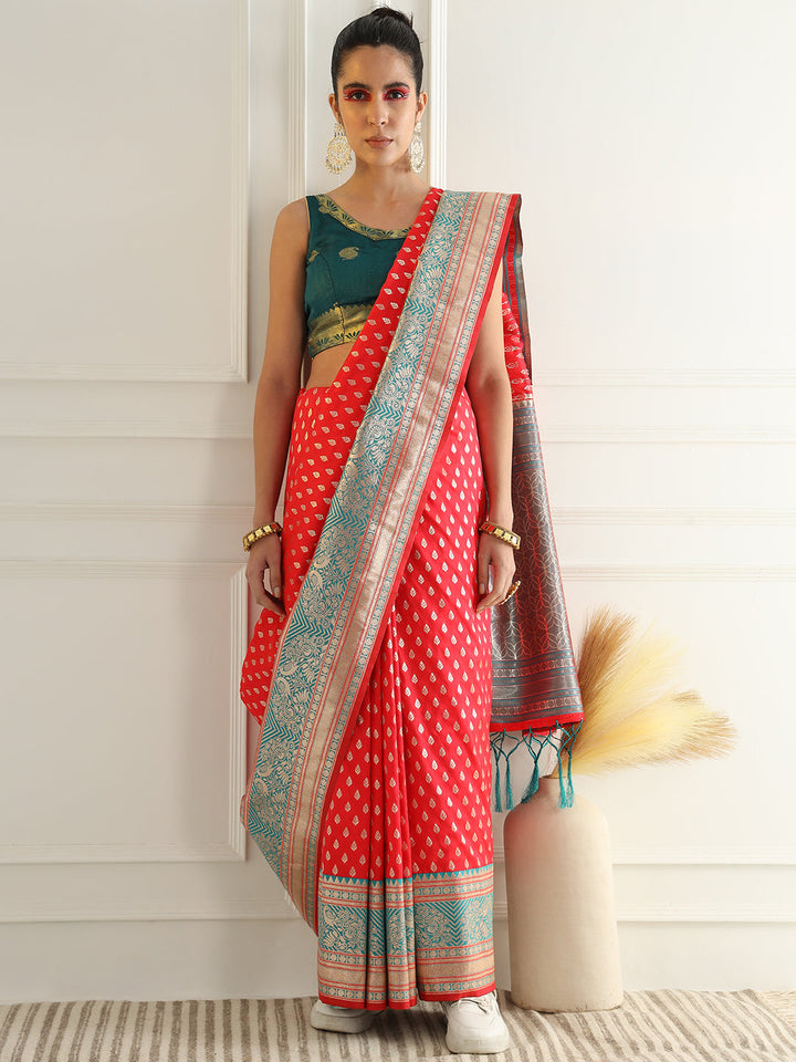Red Zari Woven Banarasi Saree with Contrast Peacock Motif Border