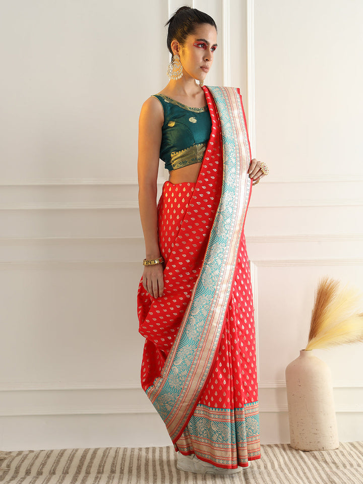 Red Zari Woven Banarasi Saree with Contrast Peacock Motif Border