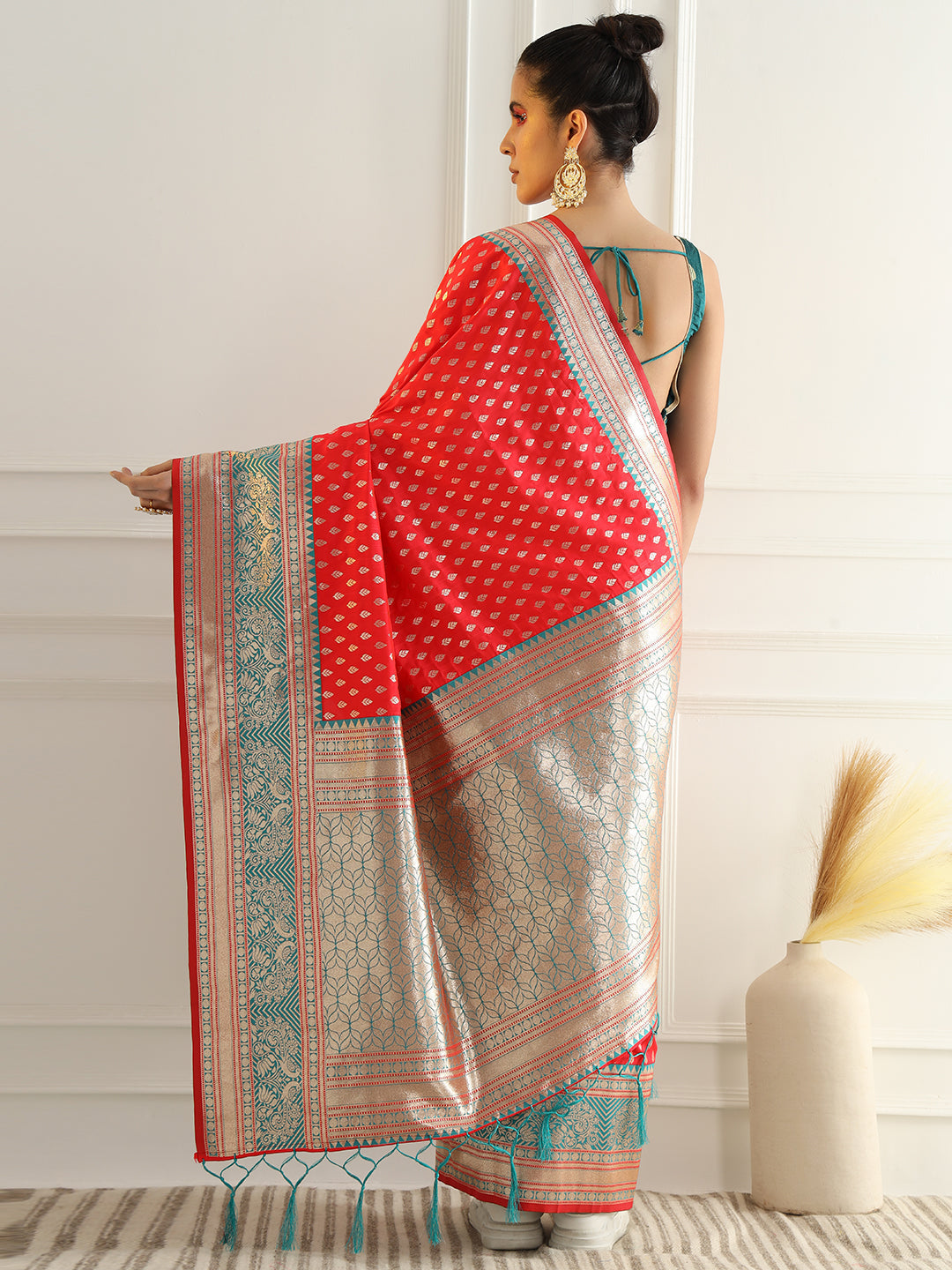 Red Zari Woven Banarasi Saree with Contrast Peacock Motif Border