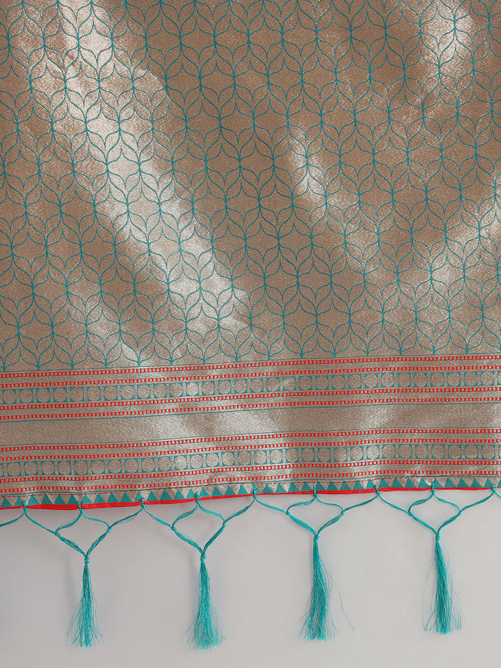 Red Zari Woven Banarasi Saree with Contrast Peacock Motif Border