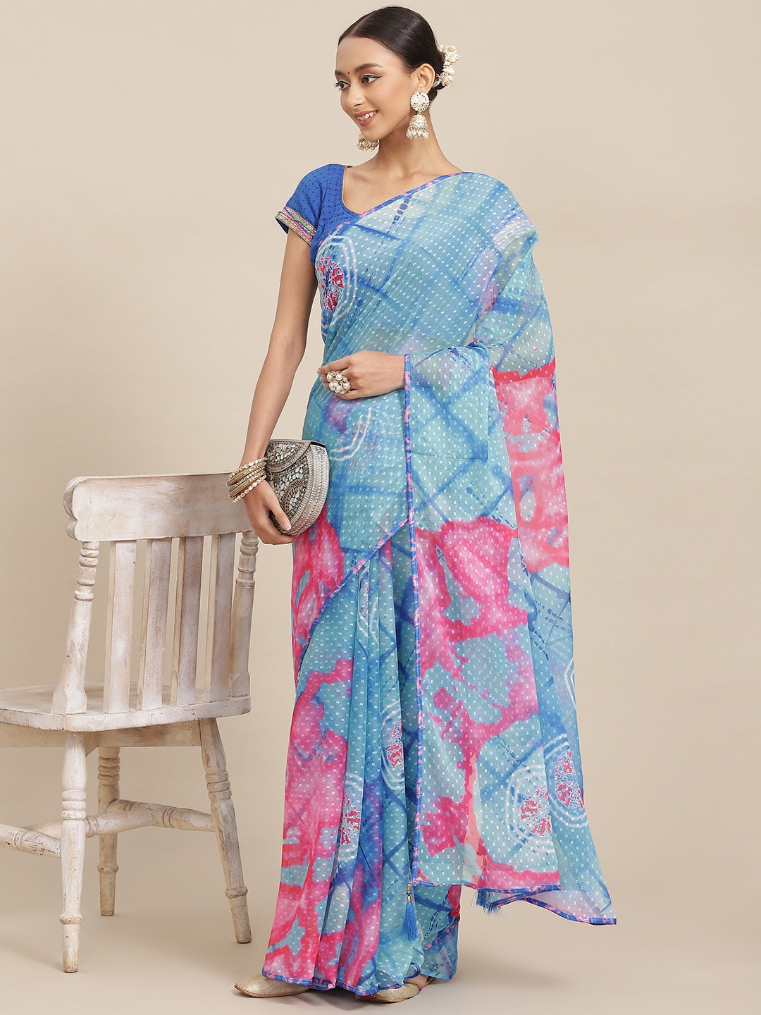 Blue & Pink Tie & Dye Light Weight Leheriya Chiffon Saree with Tassels