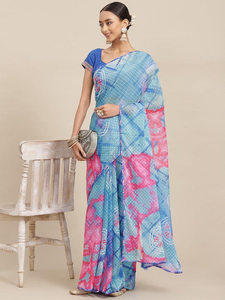 Blue & Pink Tie & Dye Light Weight Leheriya Chiffon Saree with Tassels