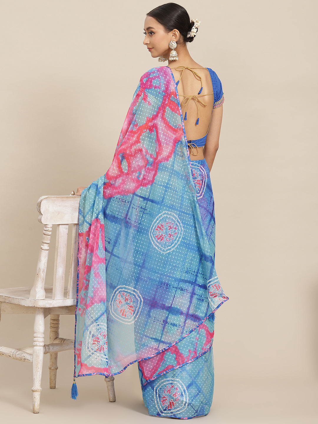 Blue & Pink Tie & Dye Light Weight Leheriya Chiffon Saree with Tassels