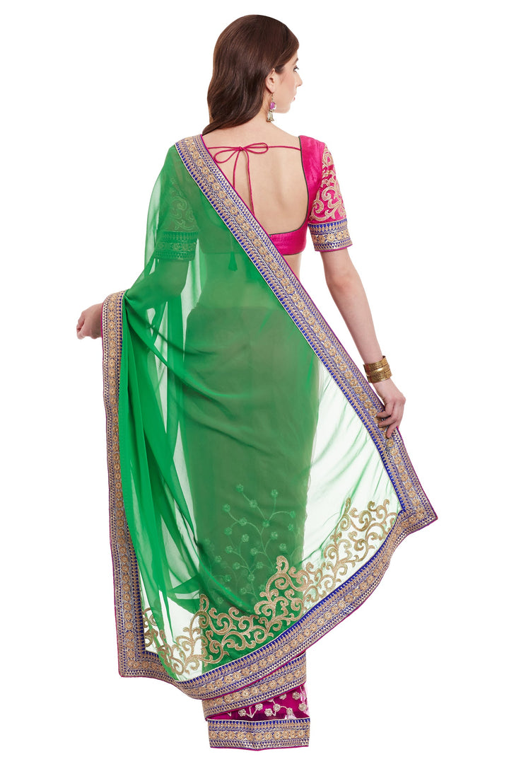 Pink & Green Embroidered Georgette Half & Half Party Wear Saree