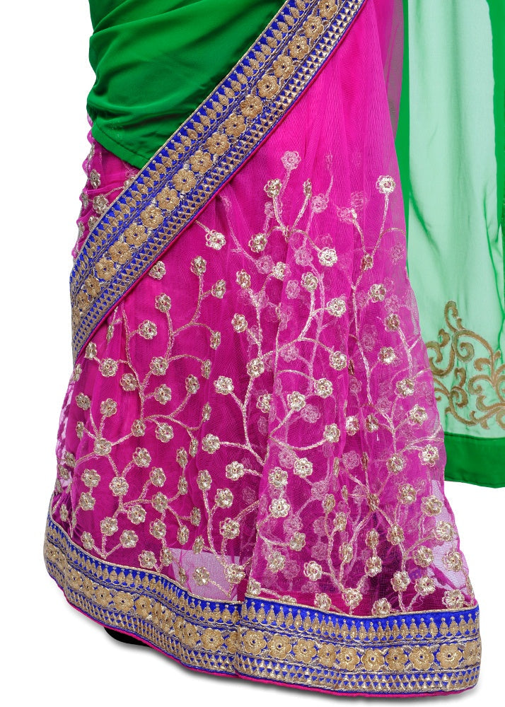 Pink & Green Embroidered Georgette Half & Half Party Wear Saree