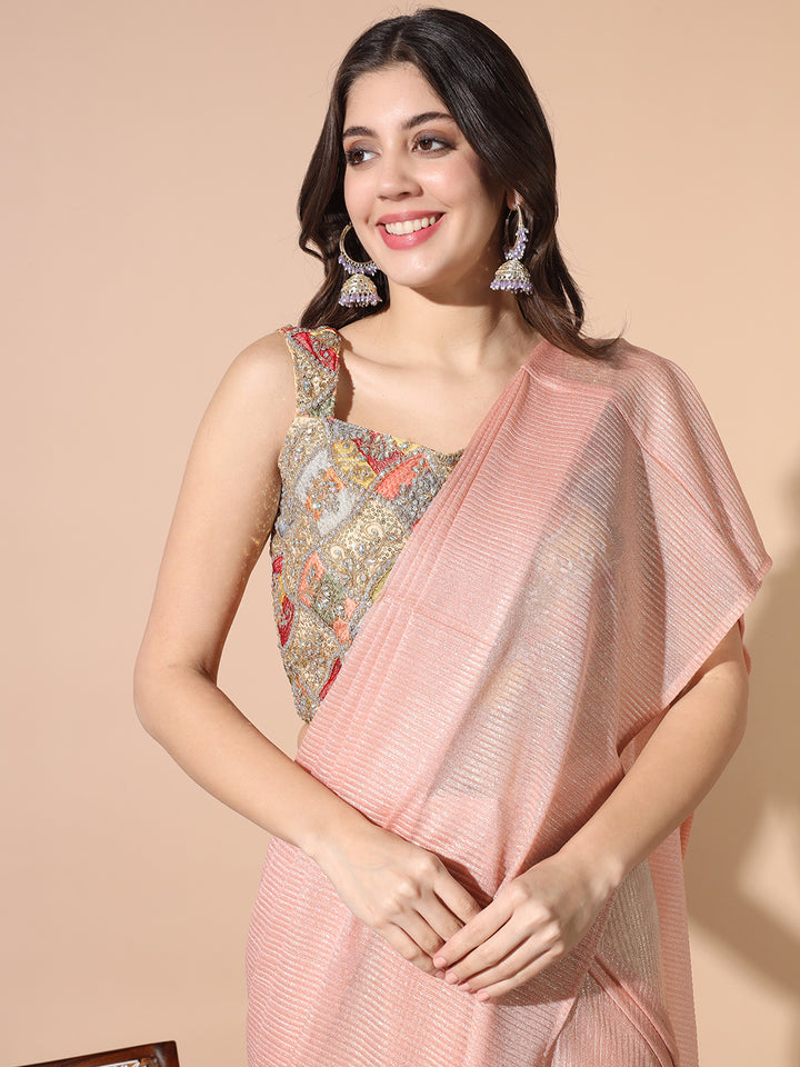 Chhabra 555 Pre-stitched Embellished Draped Saree With Multicolor Resham Embroidered Blouse & Purse