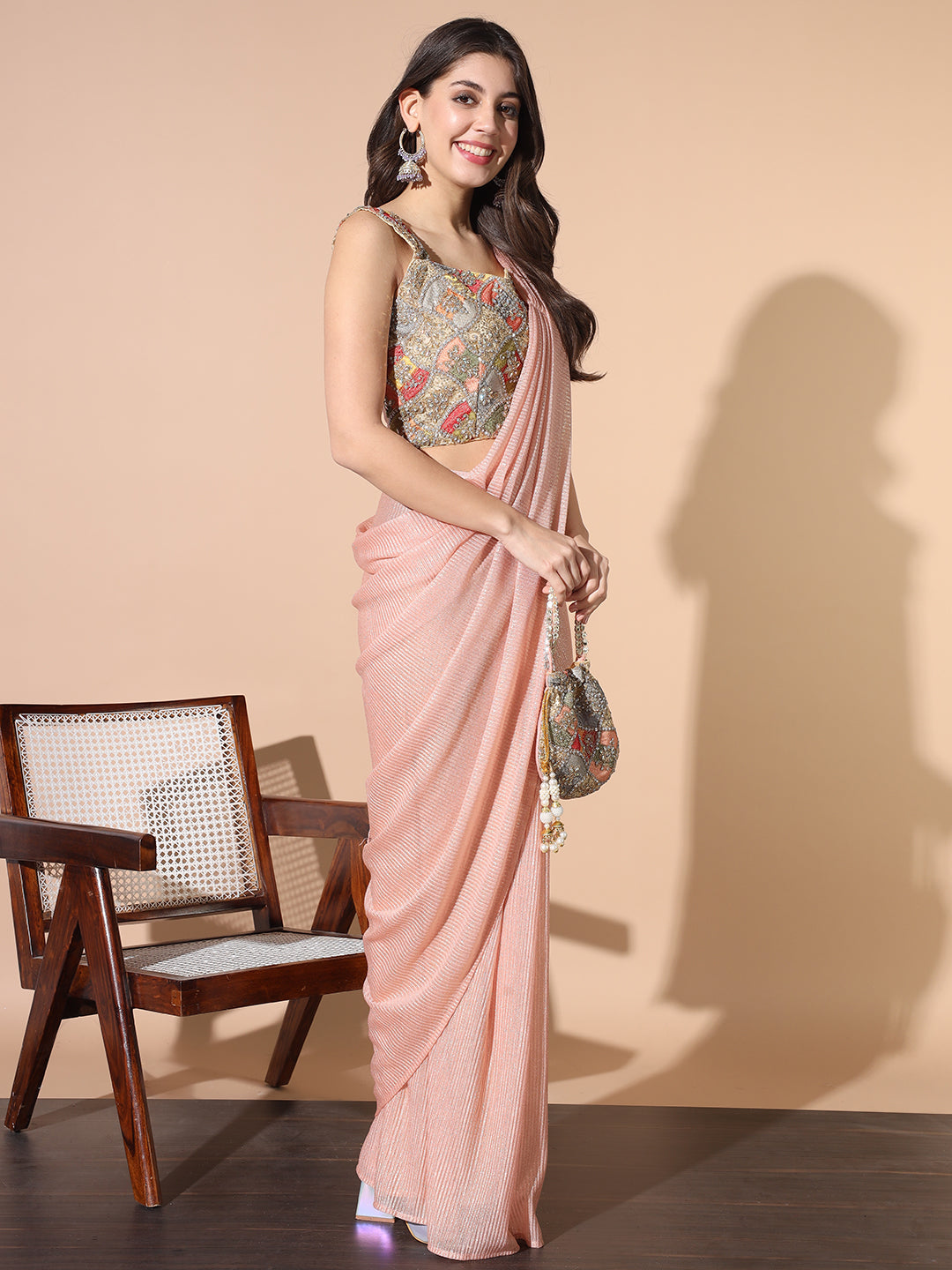 Draped Saree With Multicolor Resham Embroidered Blouse & Purse