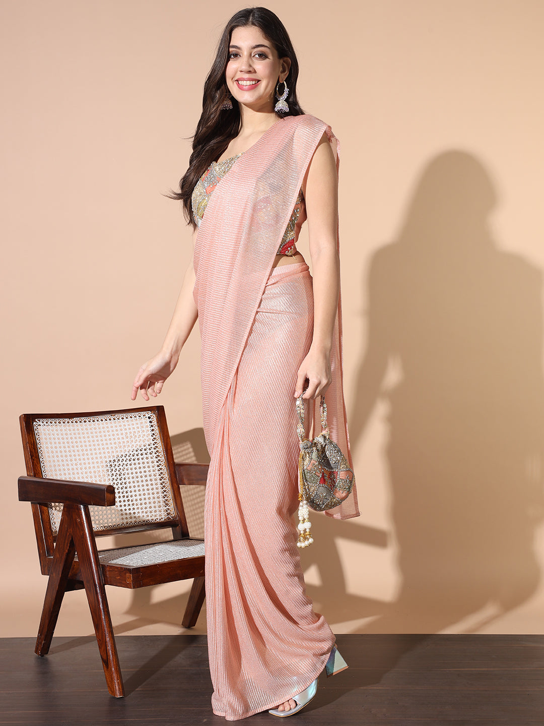 Draped Saree With Multicolor Resham Embroidered Blouse & Purse