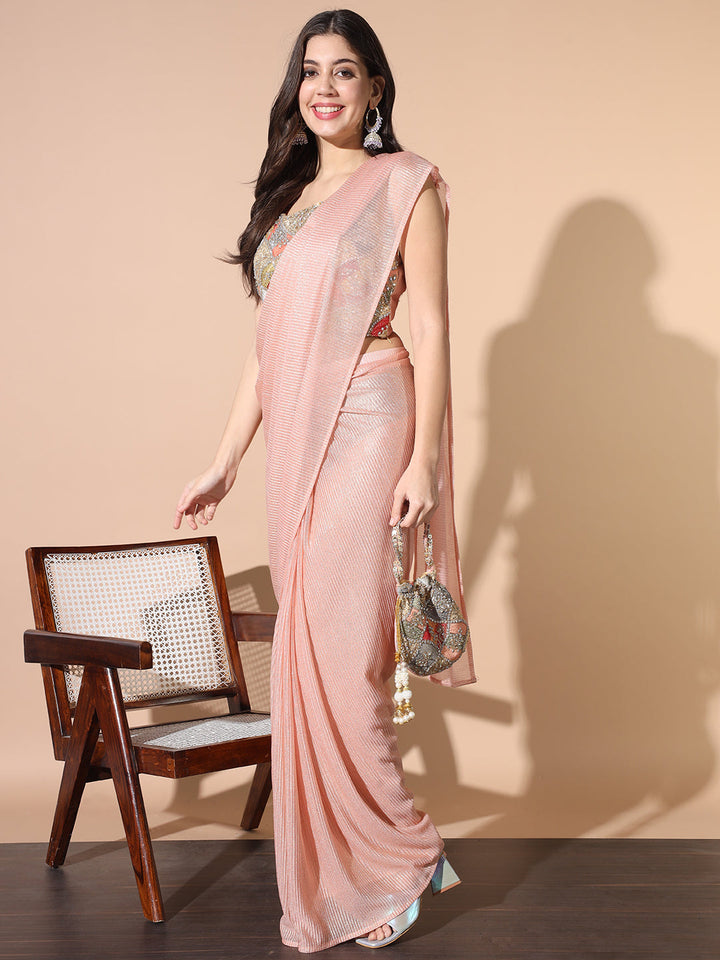 Draped Saree With Multicolor Resham Embroidered Blouse & Purse