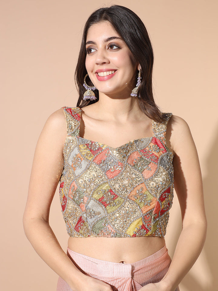 Draped Saree With Multicolor Resham Embroidered Blouse & Purse