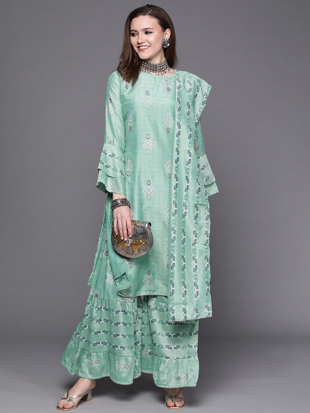 Pastel Indie Print Gota Embellishment Kurta Sharara Set