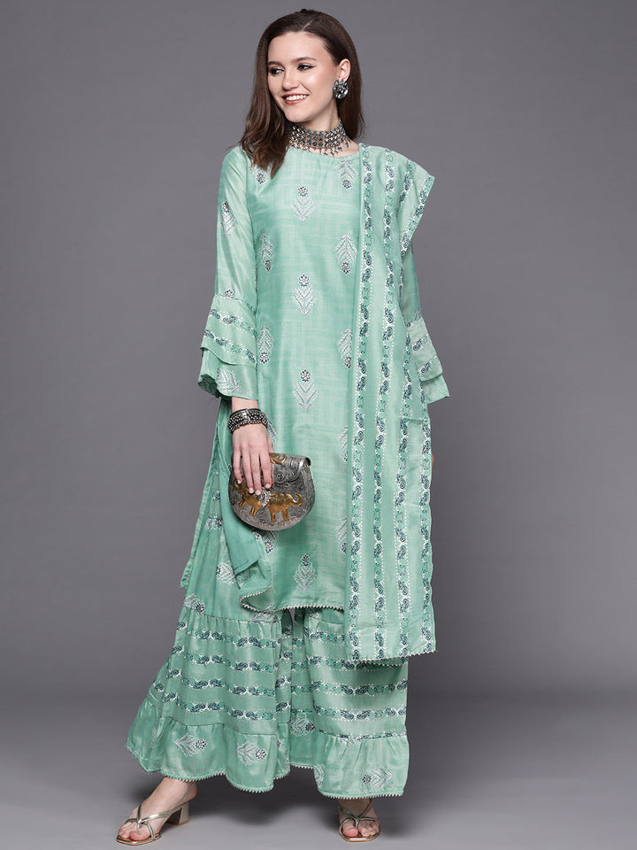 Pastel Indie Print Gota Embellishment Kurta Sharara Set
