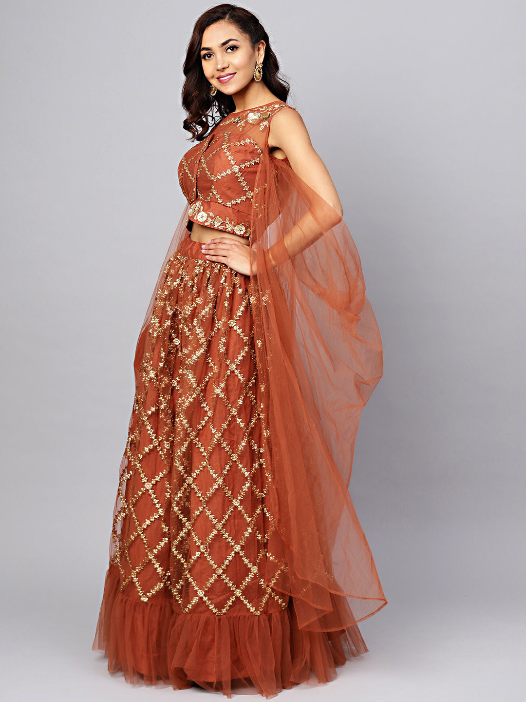 Embroidered Crop Top Lehenga with Pre-stitched Draped Sleeeves