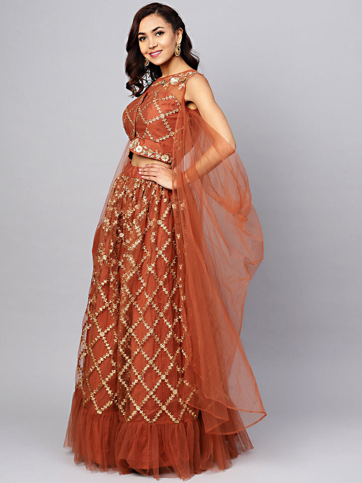 Embroidered Crop Top Lehenga with Pre-stitched Draped Sleeeves