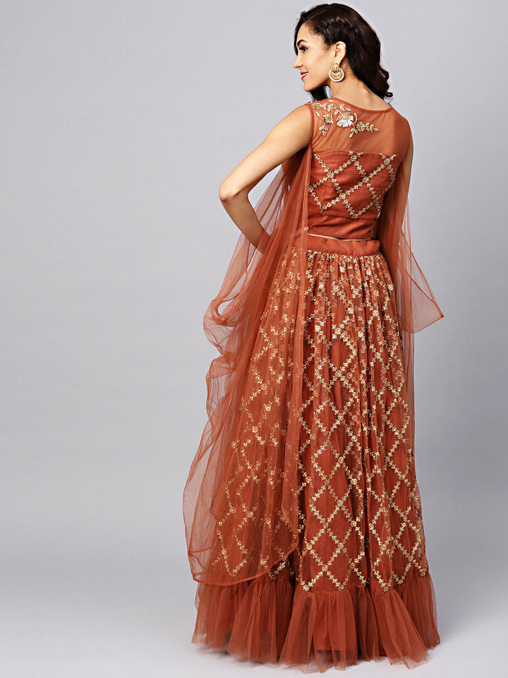 Embroidered Crop Top Lehenga with Pre-stitched Draped Sleeeves