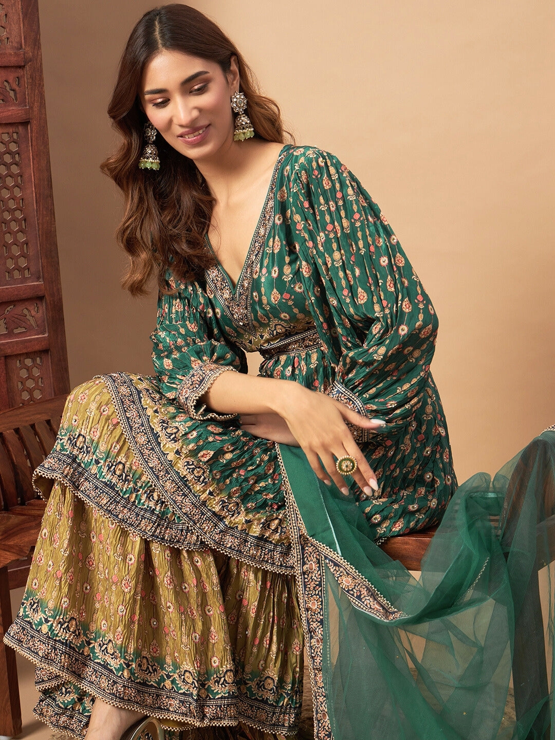 Chhabra 555 Digital Printed Peplum Kurta Set with Tiered Sharara & Haldi Mehendi Colors