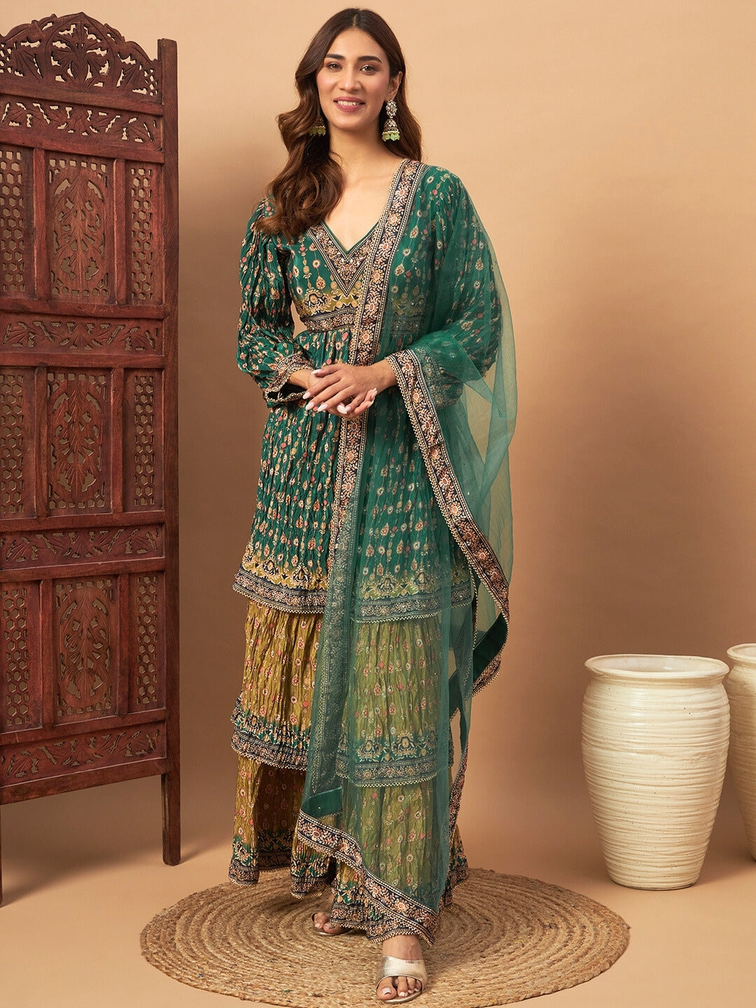 Digital Printed Peplum Kurta Set with Tiered Sharara & Haldi Mehendi Colors