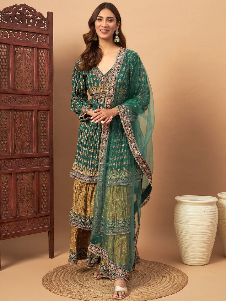 Digital Printed Peplum Kurta Set with Tiered Sharara & Haldi Mehendi Colors