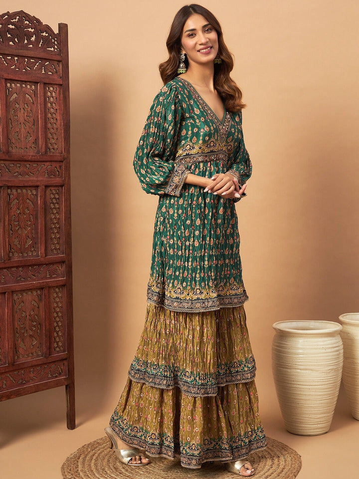 Digital Printed Peplum Kurta Set with Tiered Sharara & Haldi Mehendi Colors